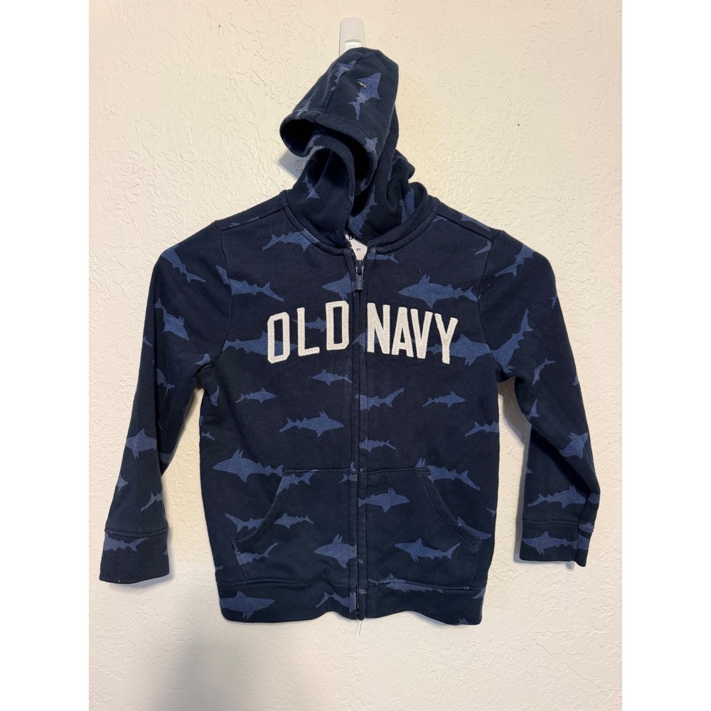 Old Navy Boys Navy Blue Shark Print Full Zip Hoodie Sweatshirt 5T